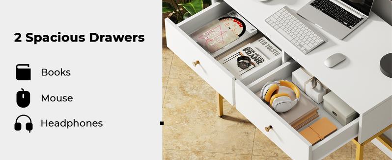 SUPERJARE 35.4" White and Gold Desk with 2 Drawers, Modern Makeup Vanity Desk with Padded Stool, Small Computer Desk Home Office Desk for Writing Study Bedroom