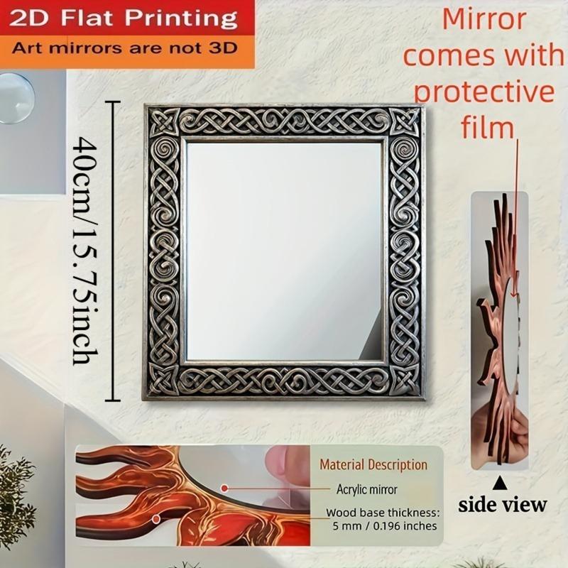 1pc Nordic retro style and mysterious ritual Celtic pattern wall mounted mirror, wood+acrylic mirror, 2D flat (40cm/15.74inch) home wall decoration, room decoration, bathroom mirror, creative makeup mirror, housewarming gift