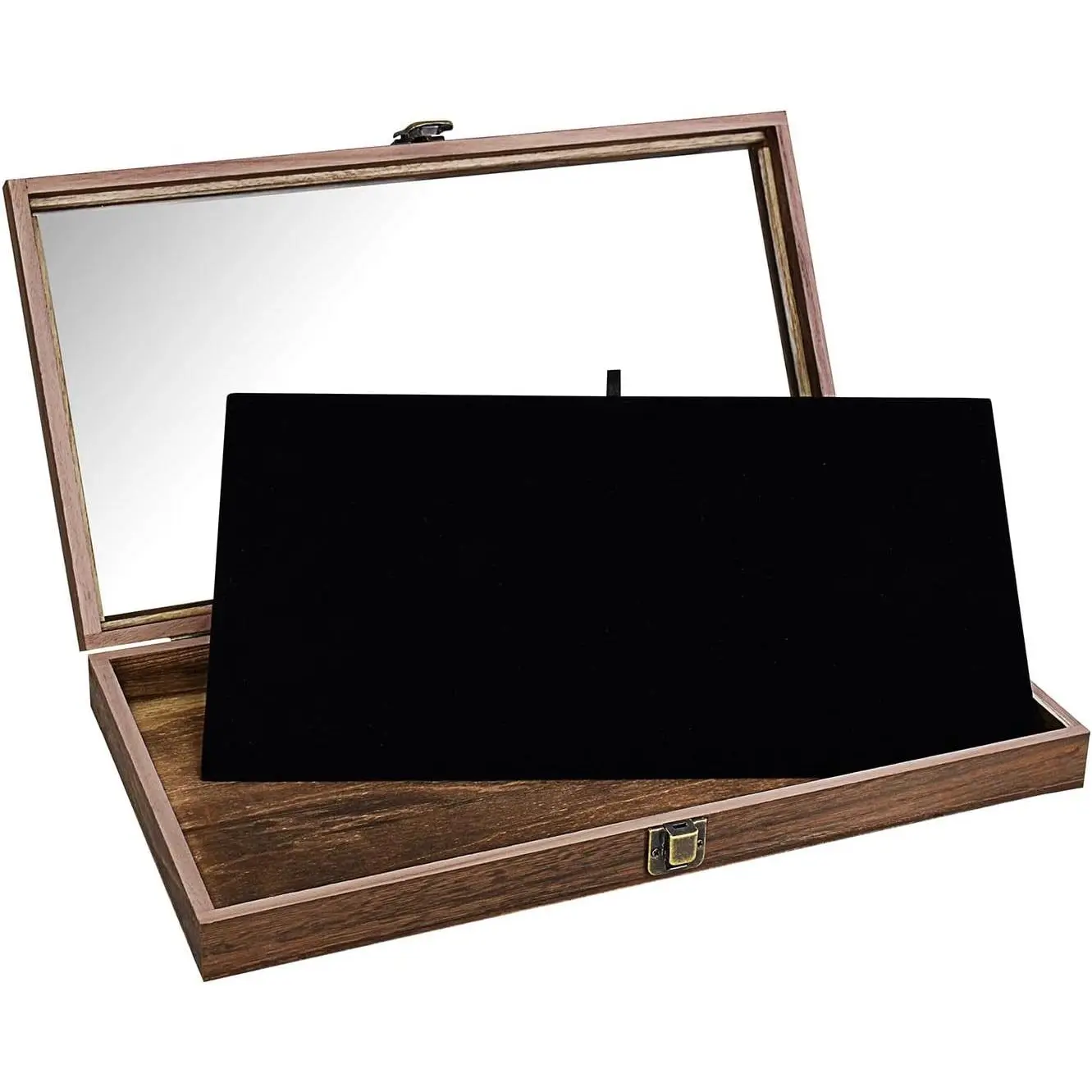Wood Jewelry Display Case with Tempered Glass Top and Black Velvet Pad for Taller Jewelry and CollectiblesGift