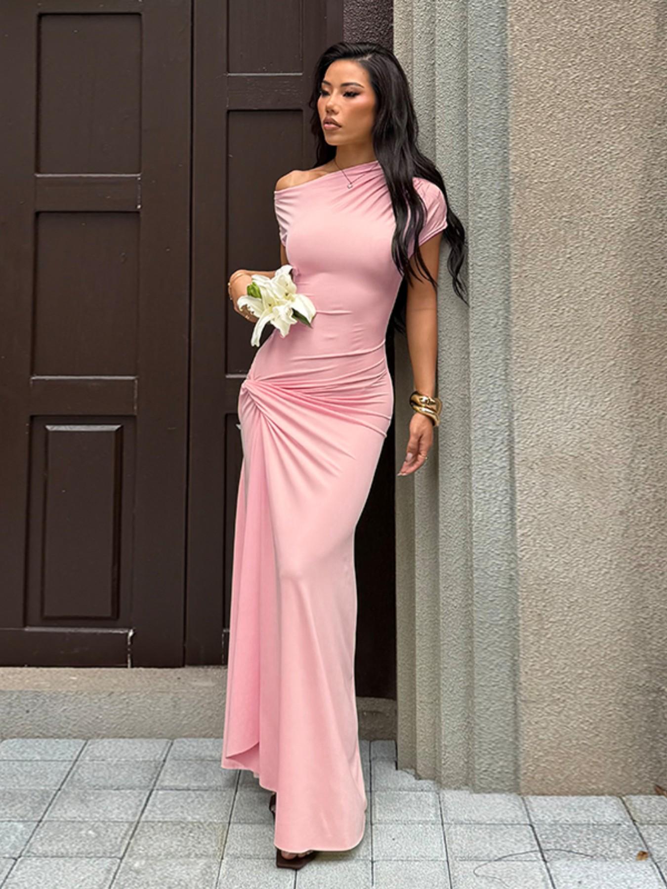 Women's Twist Ruched Split Thigh Bodycon Dress, Elegant Chic Asymmetrical Neck Drop Shoulder Long Dress for Evening Party, Ladies Clothes for All Seasons