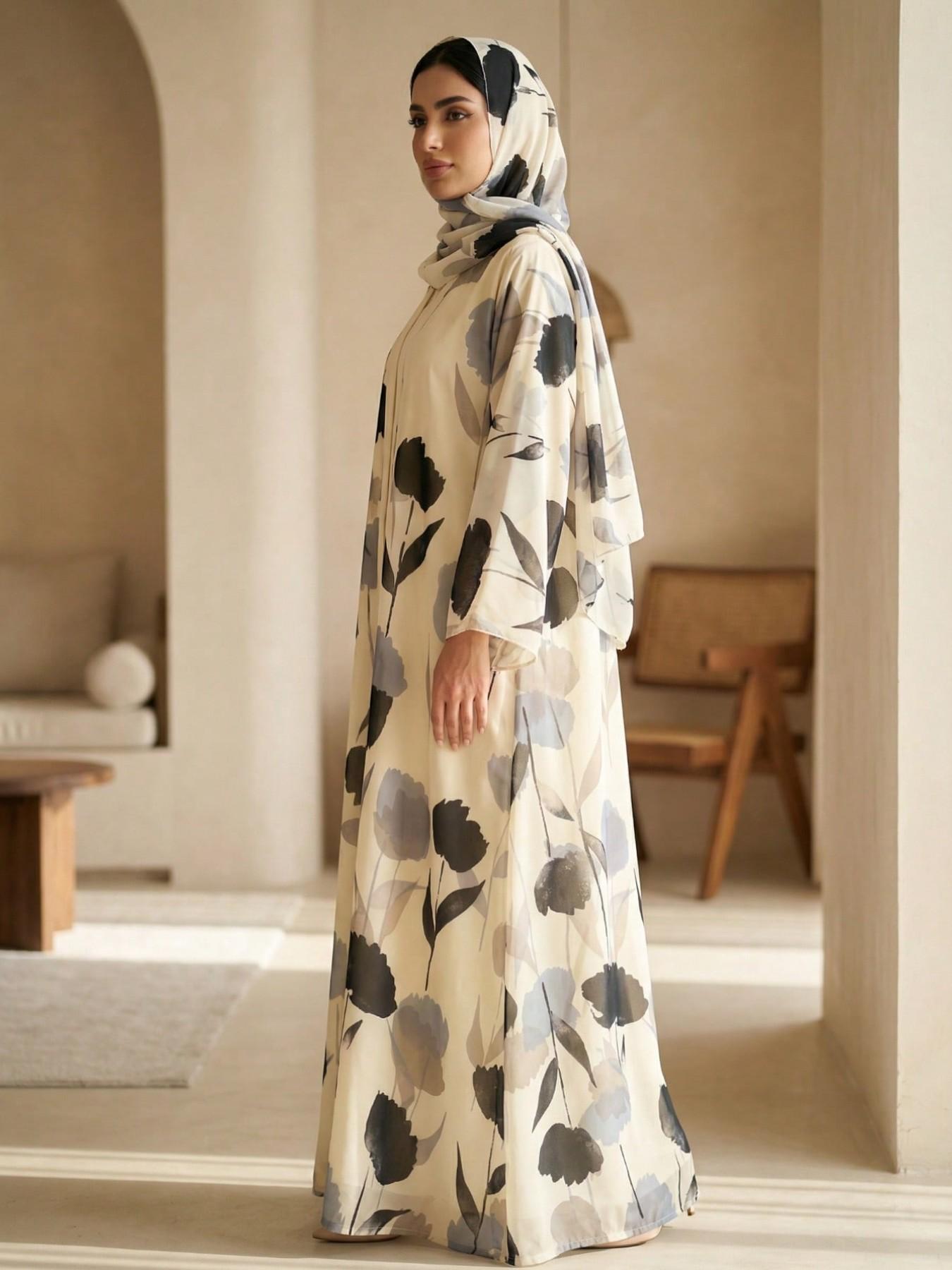 Hafizah Women's Floral Print Long Cardigan Matching Set with Scarf, Loose-Fit Outerwear Clothes for All Seasons, Elegant Casual Fashion
