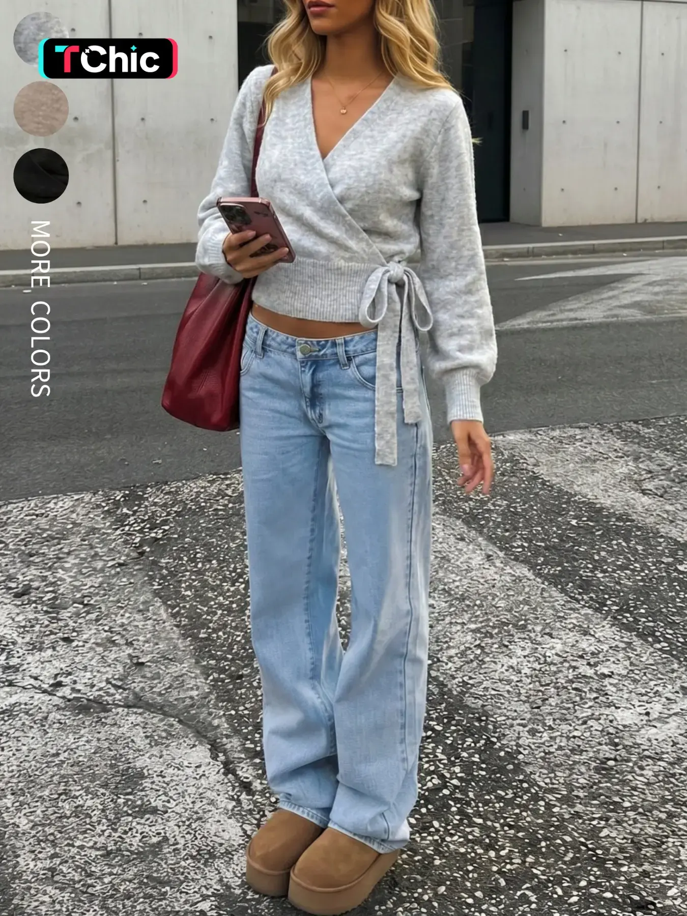 Women's V-Neck Wrap Tie Knit Sweater, Casual Basic Long Sleeve Solid Color, Cute Cozy Street Sweater Top for Fall and Winter Daily and Going‑Out Wear, Comfortable and Stylish Top