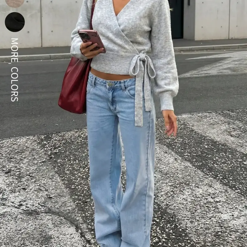 Women's V-Neck Wrap Tie Knit Sweater, Casual Basic Long Sleeve Solid Color, Cute Cozy Street Sweater Top for Fall and Winter Daily and Going‑Out Wear, Comfortable and Stylish Top
