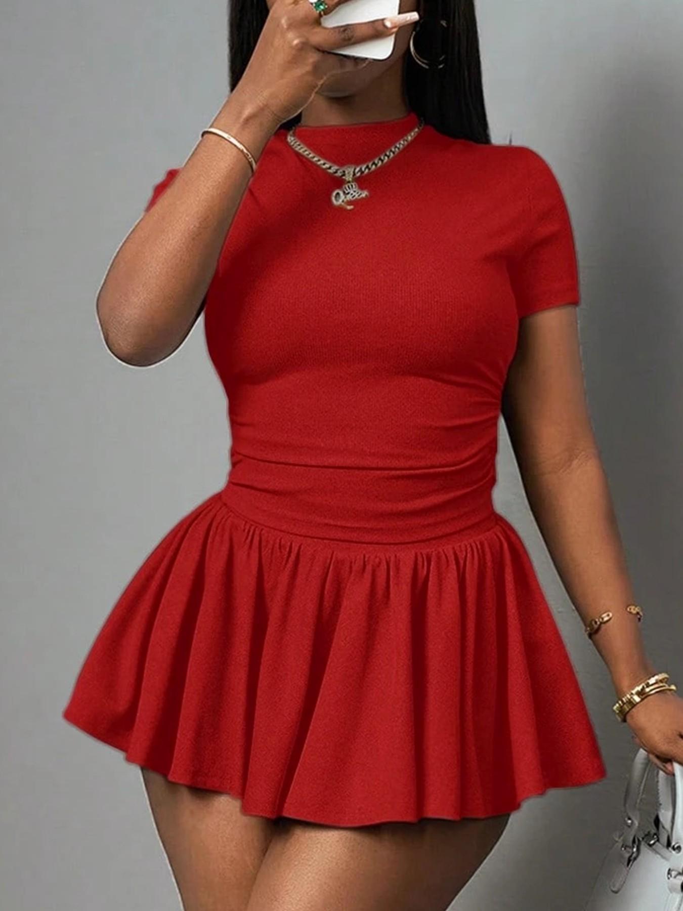 Women's Short Sleeve Dress Set, Chic Fitted Top and Fluffy Skirt Design, Perfect for Dates or Daily Outings