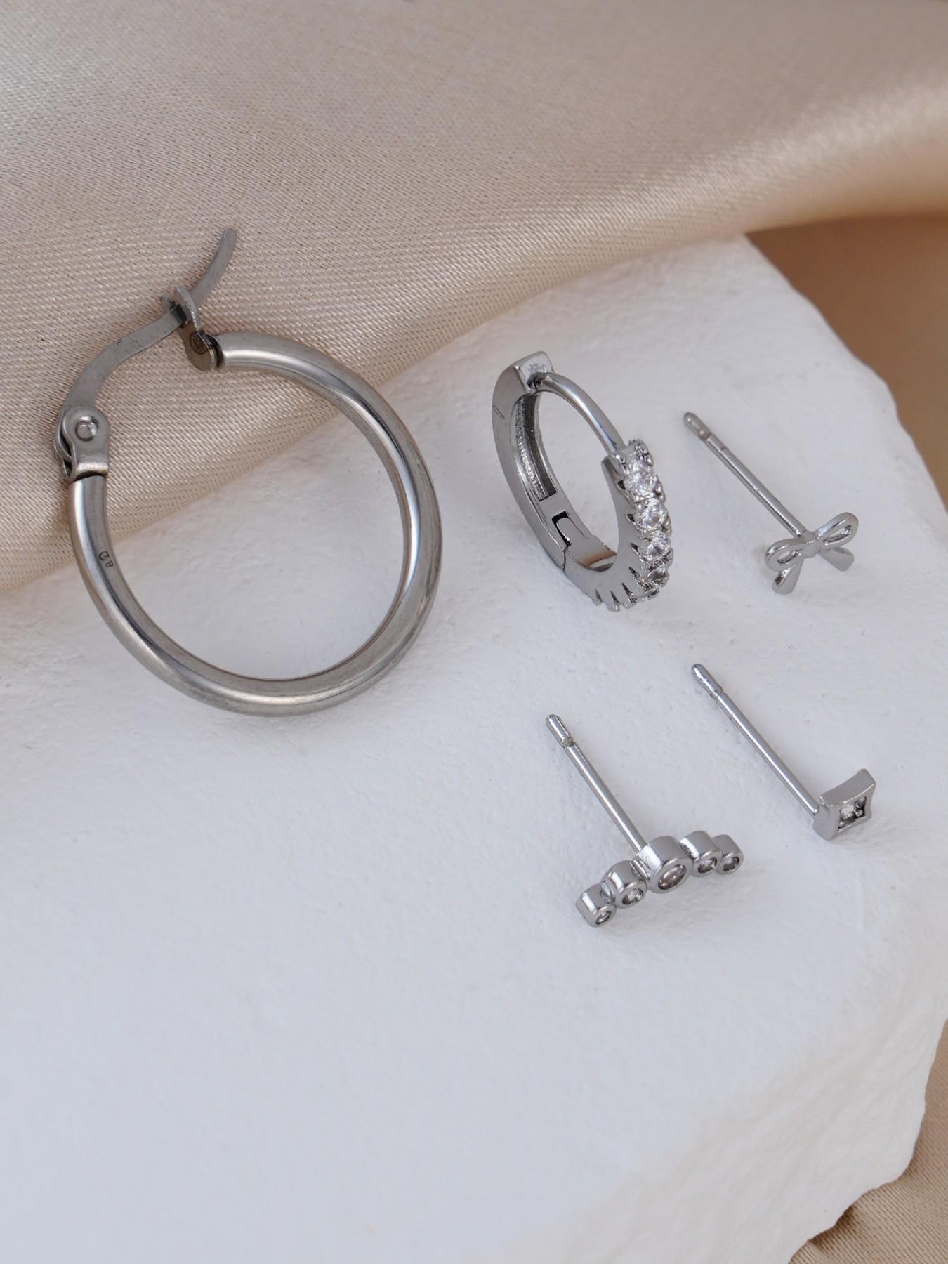 Women's Silver Color Bow Earrings Set, Perfect for Daily Wear & Music Festivals, Stylish Stackable Jewelry Accessories