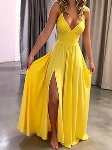 Women's Plain Fitted Criss Cross Backless Split Thigh Spaghetti Strap Cami Dress, Elegant Style Tie Back Ruched Sleeveless Long Dress for Party Holiday Wedding Guest, Ladies Summer Clothes Womenswear