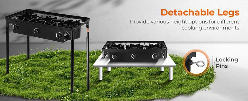 GEEKHOM Camping Stove, 3 Burner Propane Camp Stove w/Detachable Legs, 225,000-BTU Output, 20 PSI Regulator & CSA Certification, 30’’ Outdoor Gas Stove, High Pressure Propane Burner for BBQ (3 Burner)