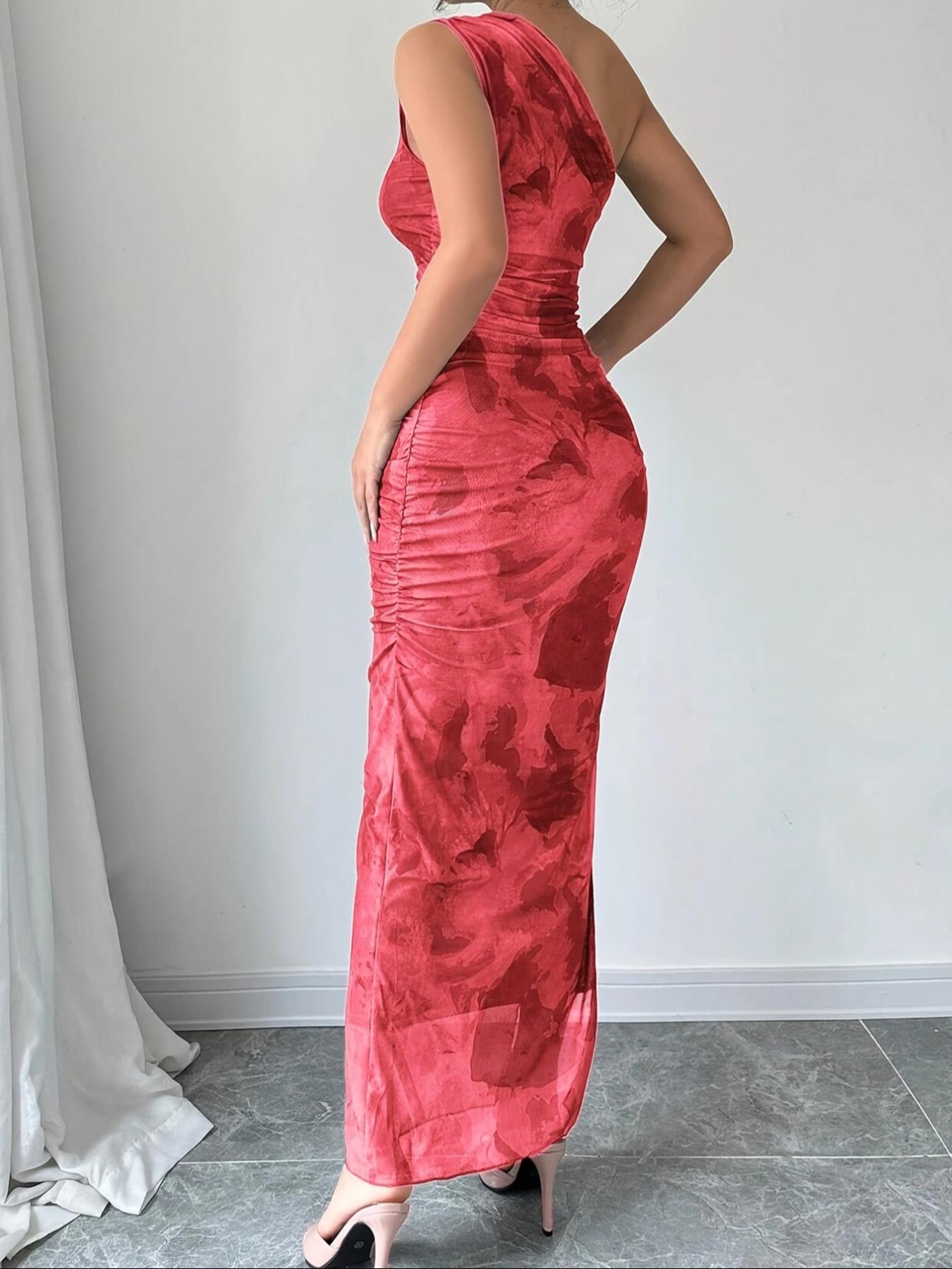 Women's Graphic Print Asymmetrical Neck  Dress, Elegant Sleeveless Split  Dress for Party Holiday Wedding Guest, Ladies Summer Clothes