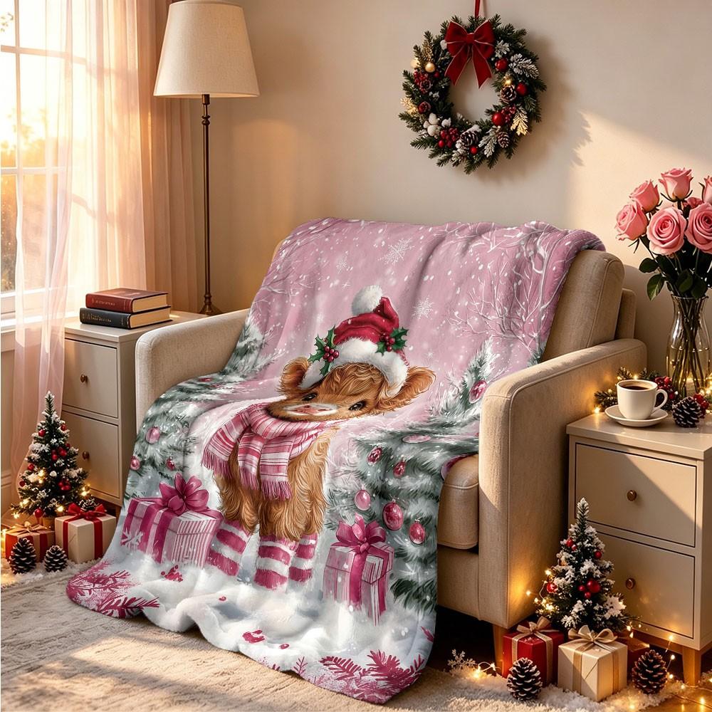 1 Pack Scarf Wearing Highland Cow Christmas Flannel Blanket, Soft Warm Throw for Couch, Car, Office, Camping X‑mas Gift