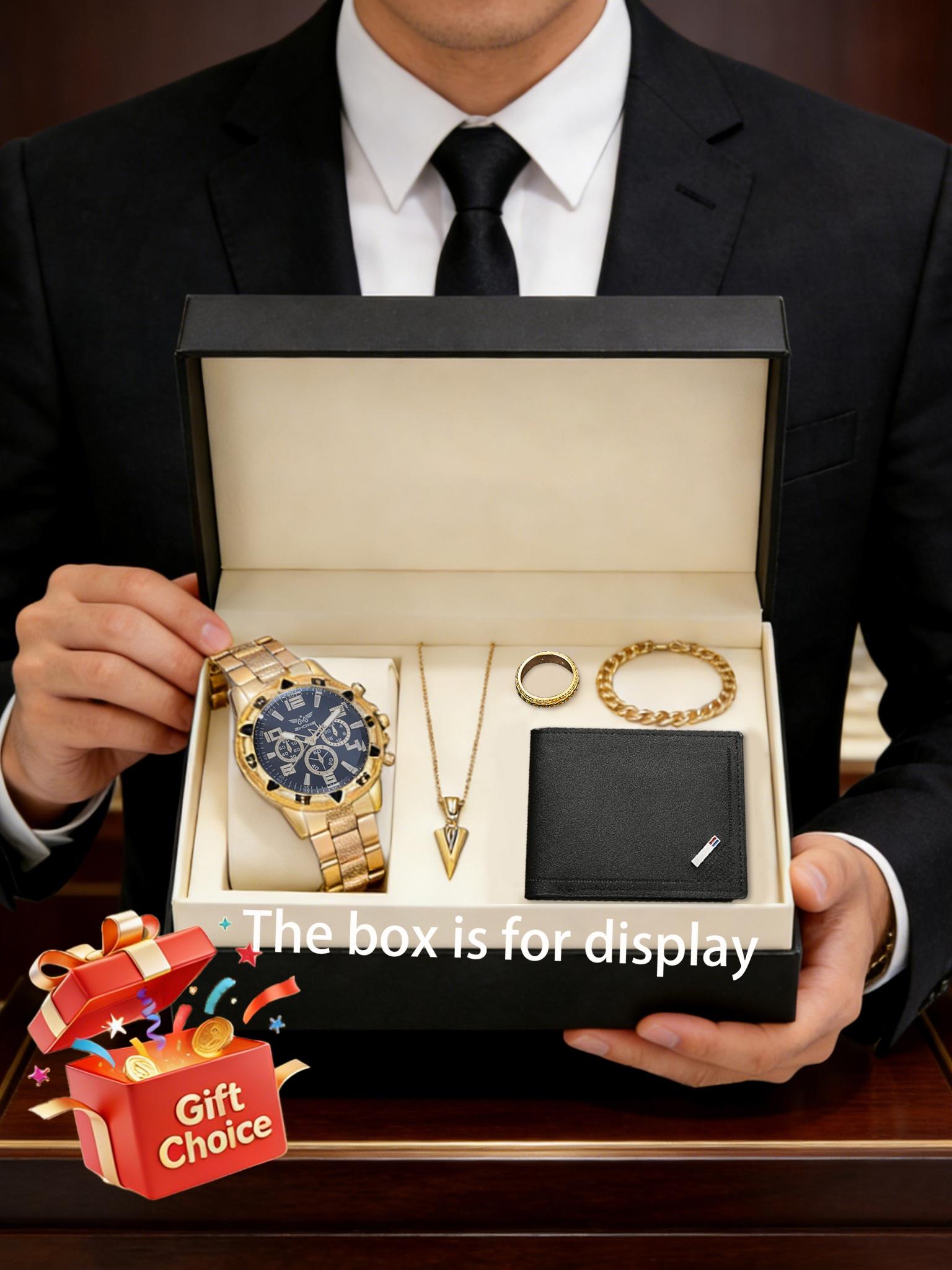 Father's Day Gift Set, Men's Bold Watch Kit, Includes Watch, Bracelet, Necklace, Ring, Wallet, Perfect Present for Him