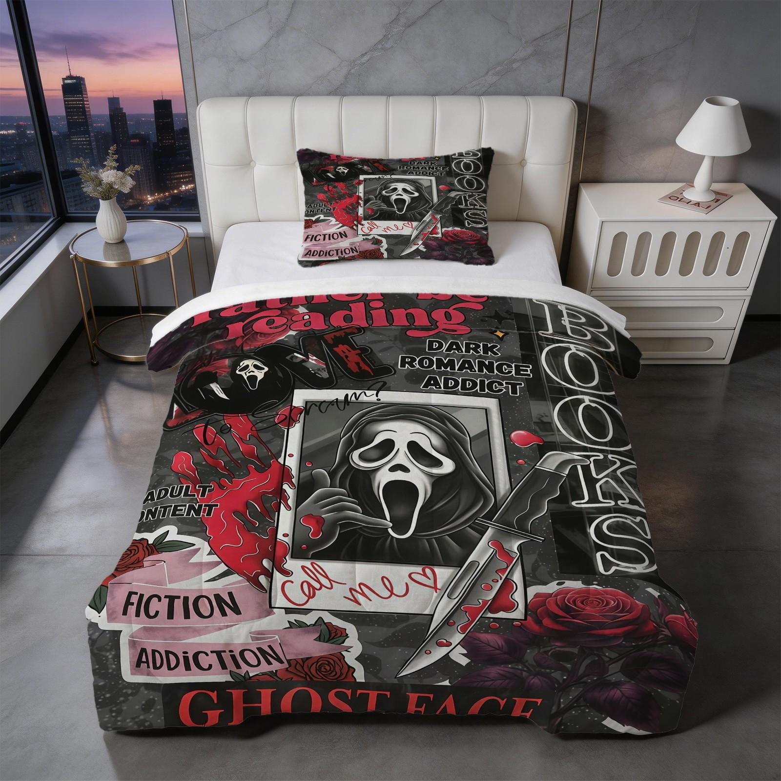 2/3 Piece Scream Ghostface Comforter Set, 1 Comforter + 1/2 Pillowcases, Dark Romance Horror Movie Bedding, Spooky Bedroom Decor for Halloween, Graduation & Adult Ceremony, Perfect Gift for Movie Fans & Book Lovers