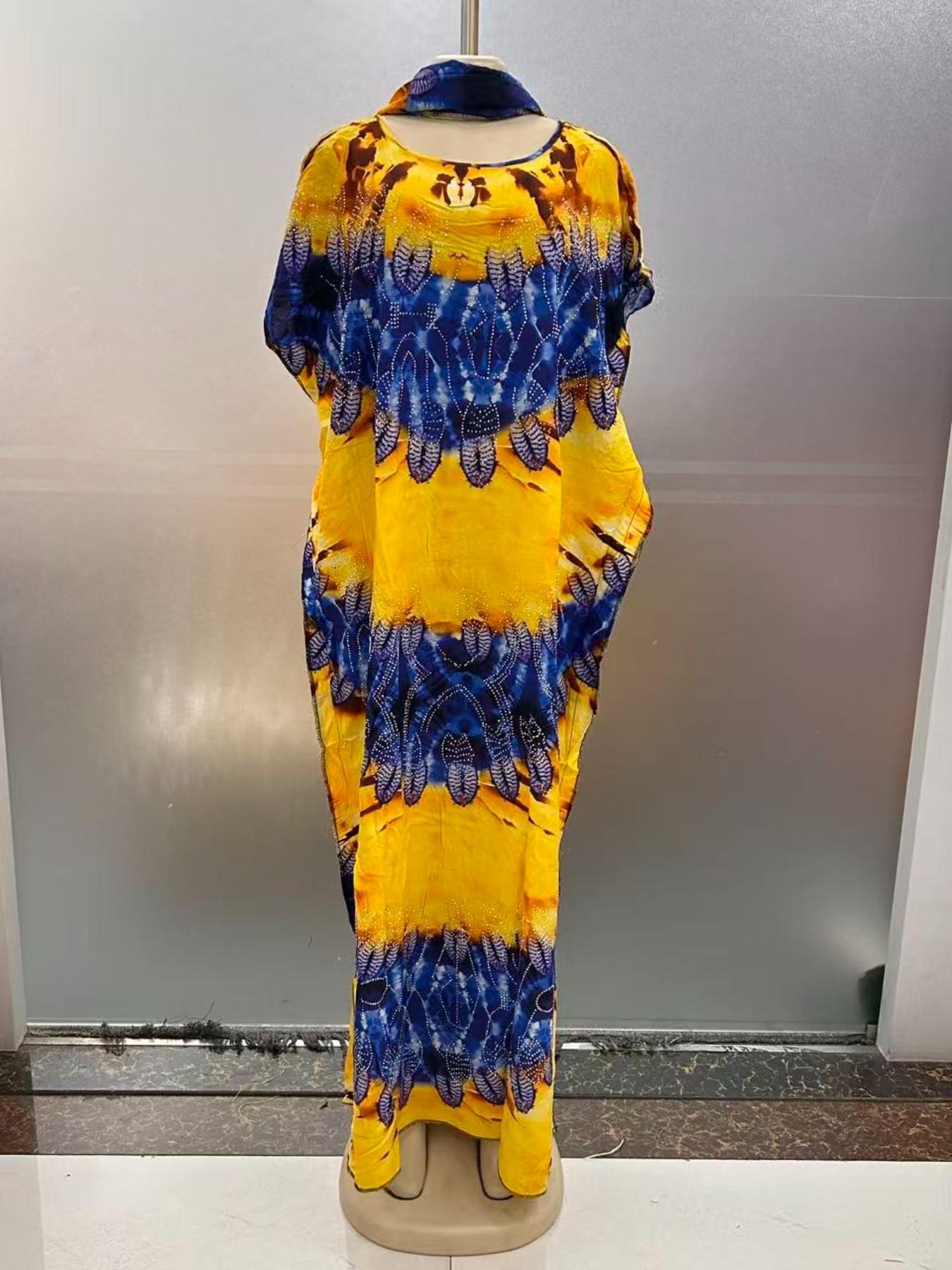 Summer New Fashion African Kaftan, Plus Size Loose Print Rhinestone Dress, Breathable Comfortable Elegant Party Long Dress, Matching Scarf Fringe