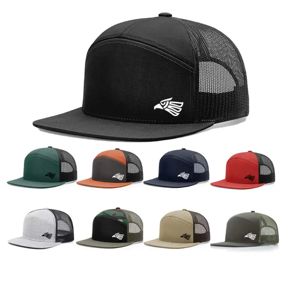 1PC Eagle Head Printed Flat Bill Trucker Hat, 7 Panel Breathable Mesh Snapback Baseball Cap, 95g Lightweight Adjustable 56-60cm Unisex Outdoor Sun Hat for Fishing Camping Street Daily Wear