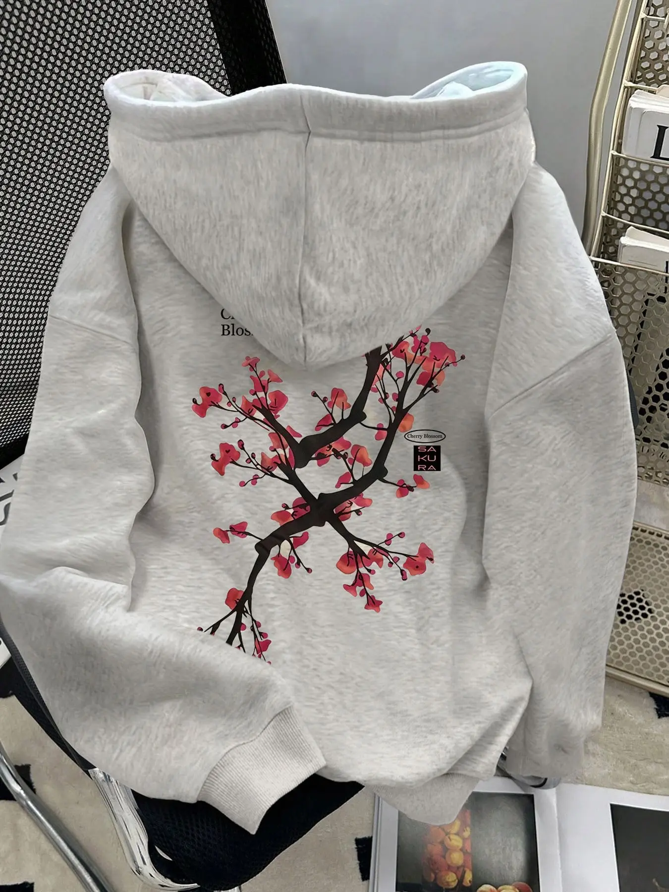 Women's Oversized Gray Hoodie, Long Sleeve, Aesthetic Cherry Sakura Print, Loose Casual Fit, Soft Comfy Pullover, Sweatshirts for Fall & Winter Daily Wear