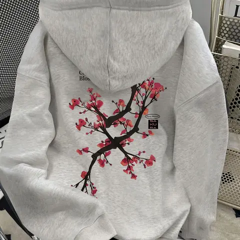 Women's Oversized Gray Hoodie, Aesthetic Sakura Print, Loose Casual Fit, Soft Comfy Knit Pullover Hoodie for Fall & Winter Daily Wear