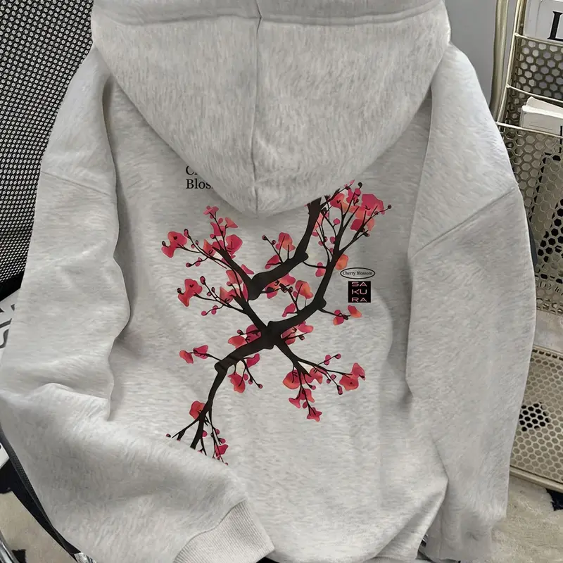Women's Oversized Gray Hoodie, Aesthetic Sakura Print, Loose Casual Fit, Soft Comfy Knit Pullover Hoodie for Fall & Winter Daily Wear