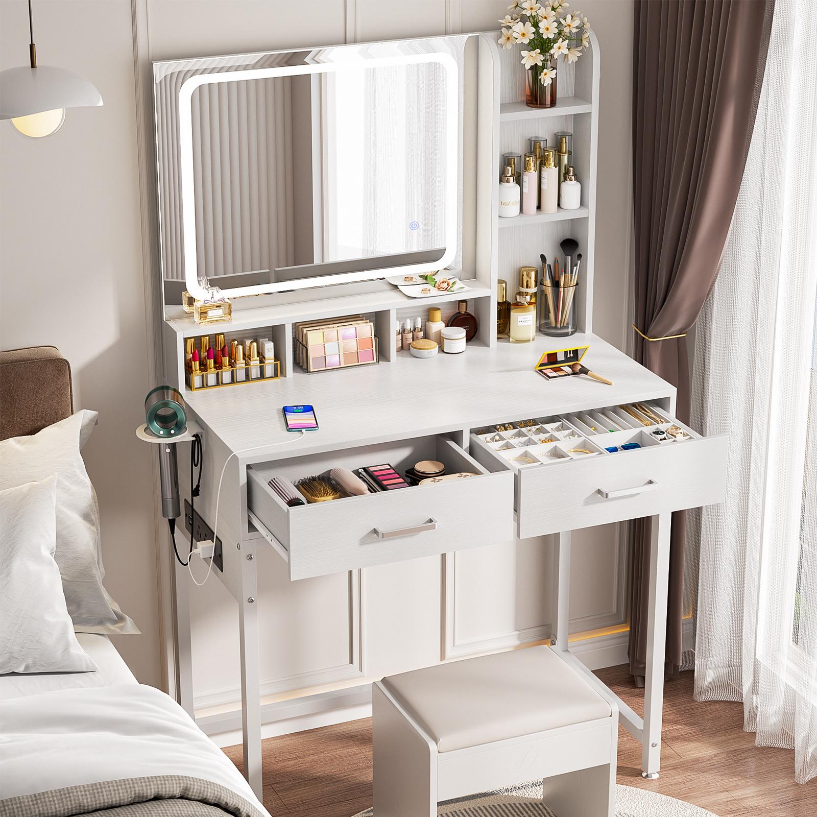 Vanity Desk with LED Mirror & Lights, Makeup Dressing Table with Power Strip, Adjustable Lighting, 2 Drawers & 7 Storage Compartments, Reversible Design, Easy Assembly