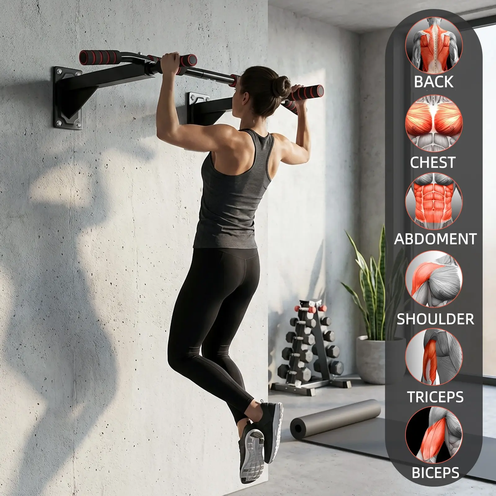 Wall Mount Pull Up Bar for Home Gym, Max 440lbs Multi-Grip Chin-Up Bar for Upper-body Trainin, Strength Training, Spine Stretching & Inverted Workouts