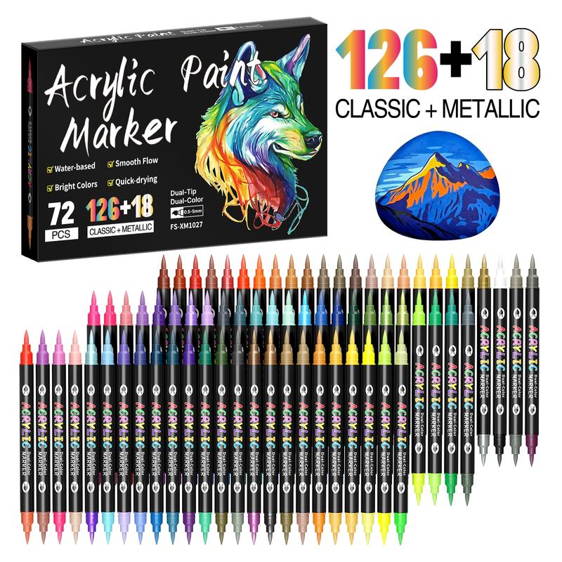 24/48/72/144/240 Colors Acrylic Paint Markers, Dual tips Dual Color Acrylic Paint Pens for Rock Painting, Canvas, Wood, Glass, Ceramic, Fabric, Plastic, Egg & Scrapbook. Soft Brush Tips Paint Pens and Paint Markers Artist Supplies