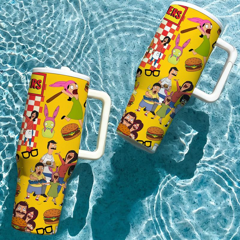 1 Pc 40oz Burger Family Cartoon Insulated Tumbler With Handle And Lid, Funny Food Lover Animation Design, Double Wall Stainless Steel Travel Mug For Hot Cold Drinks, Leak Proof Large Capacity Cup, Aesthetic Gift For Burger Fans, Home Office Daily Use