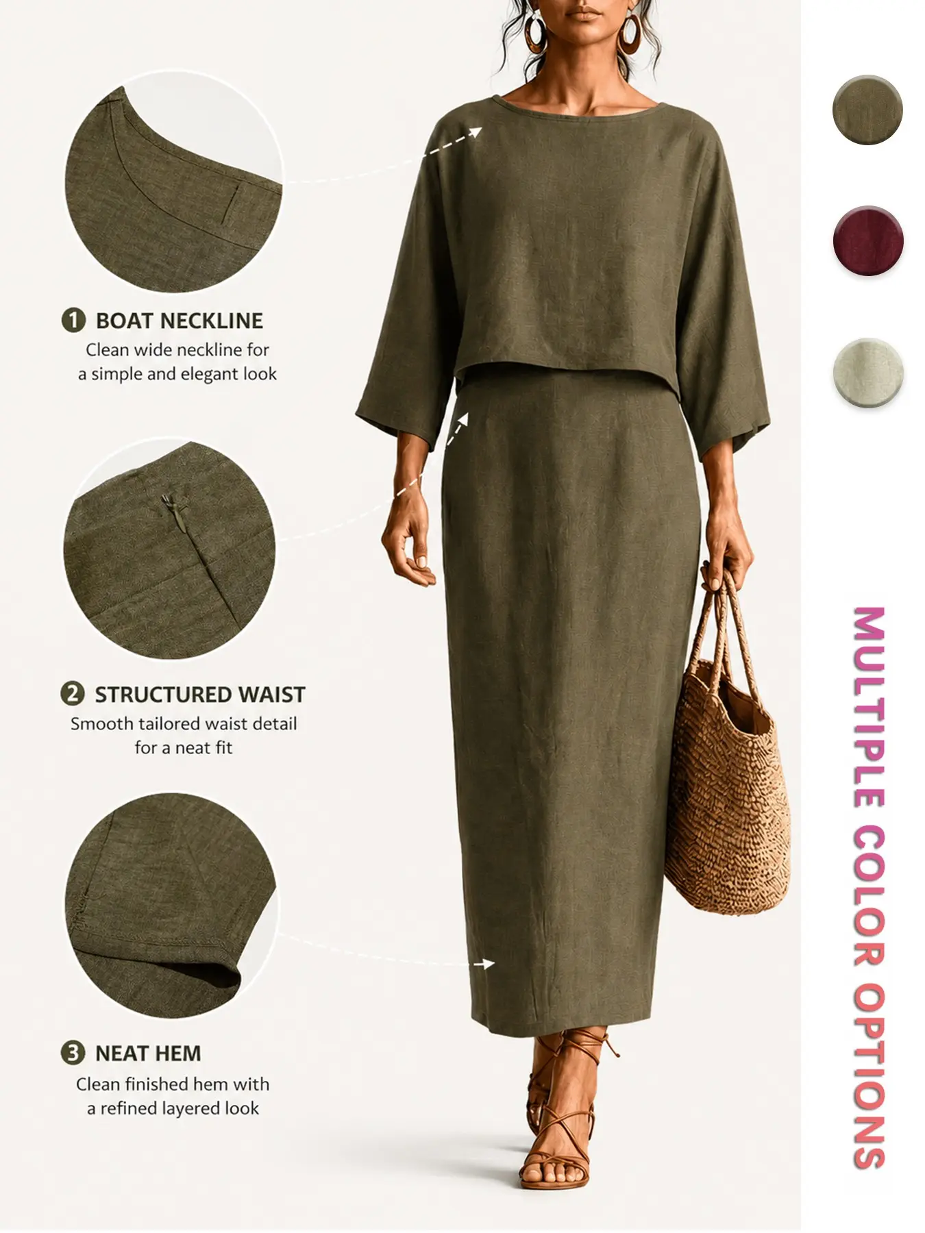 Two-Piece Set Half Skirt, Linen Texture Polyester Fabric, Loose Fit, Boat Neck Three-Quarter Sleeve Top + High Waist Split Midi Skirt, Summer Casual Wear
