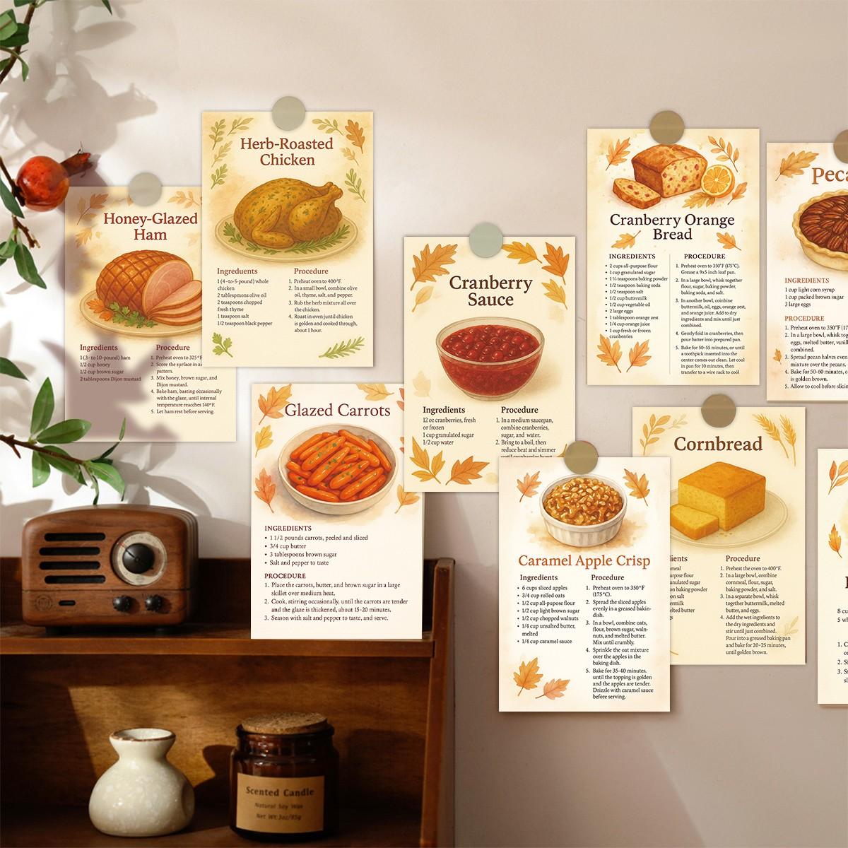 20 Holiday Recipe Cards, Fall Harvest Thanksgiving Recipes, Complete Ingredients and Steps Guide, Beginner Baking Reference, Kitchen Wall Decor, Gift for Bakers