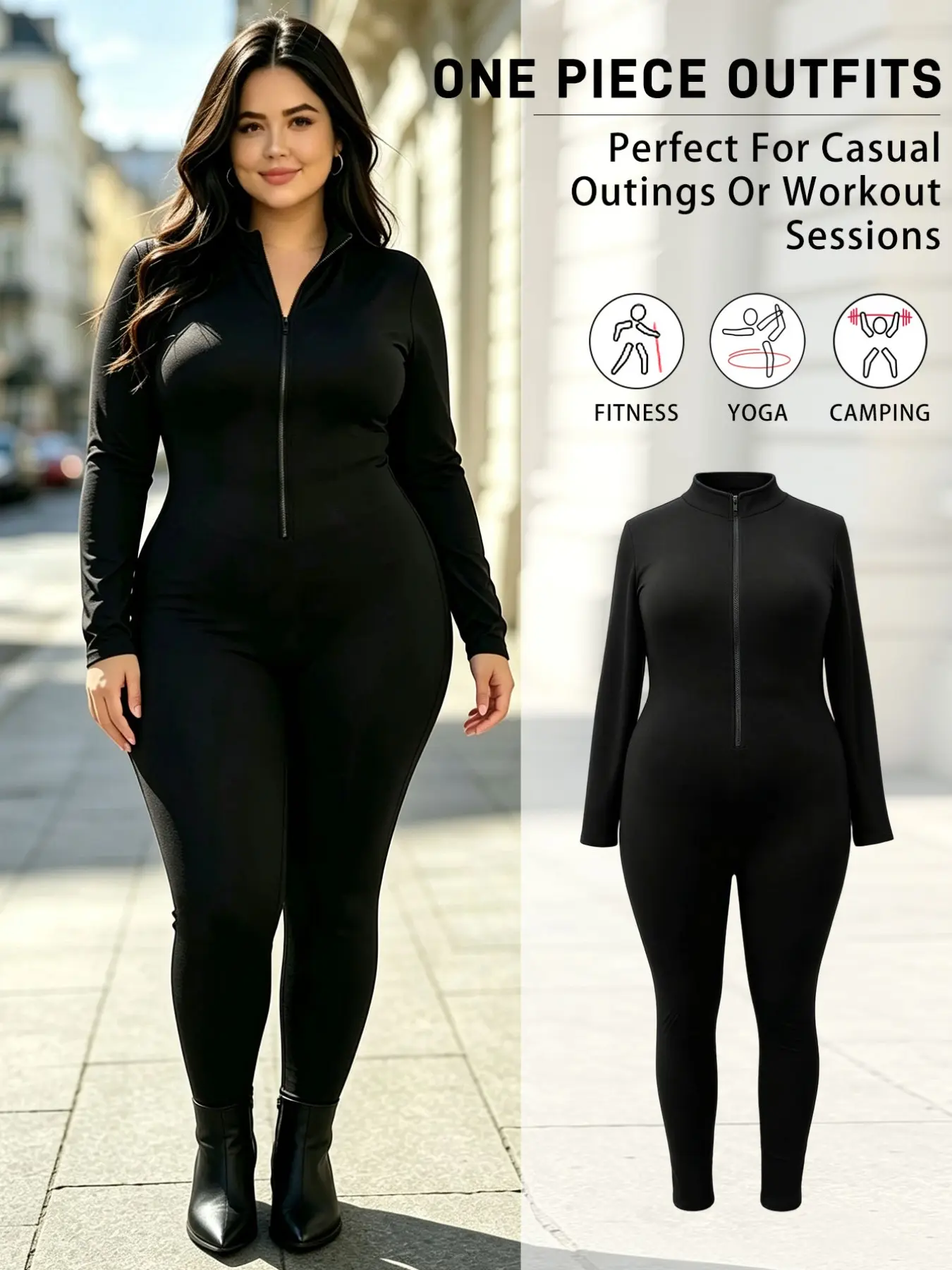 Women's Plus Size Fleece Stand Collar Zipper Long Sleeve Jumpsuit, High Stretch Warm One-Piece, Ideal for Fall Winter Sports Daily Wear