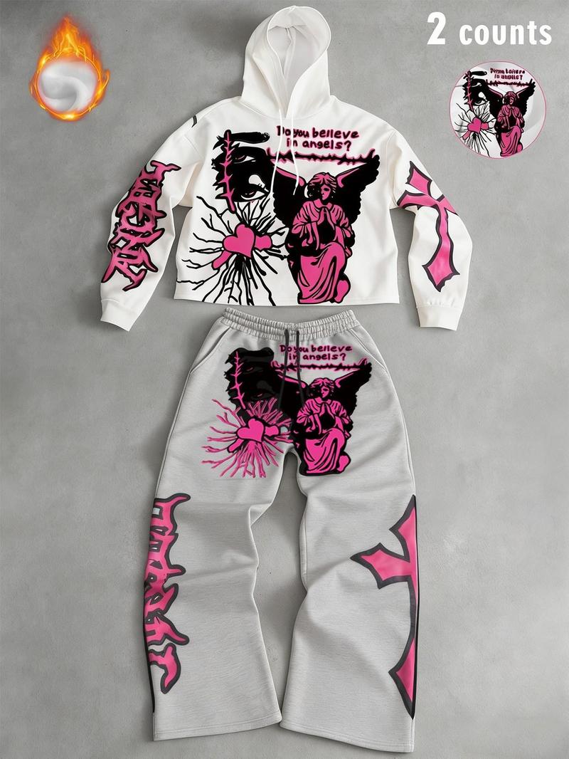 Tiktok Trendy Y2K Style Angel Hoodie & Long Pants Set, Unisex Fall Winter Fleece Sweatshirt, Streetwear Gothic, Couples Fashion Gift