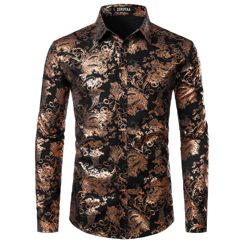 ZEROYAA Men's Luxury Paisley Dress Shirt Shiny Floral Printed Button Down Shirts for Party Prom Casual Elegant Father's Day Gift for Boyfriend Dad Gifts Black People Menswear Fabric Long Sleeve Top Vneck