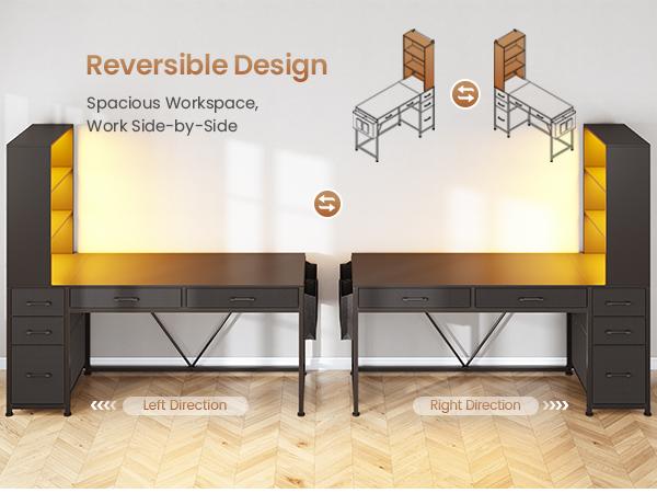 SEDETA 47.2 Inch Reversible Gaming Desk with LED Lights Drawer Storage Bookshelf for Small Spaces Organization Interior