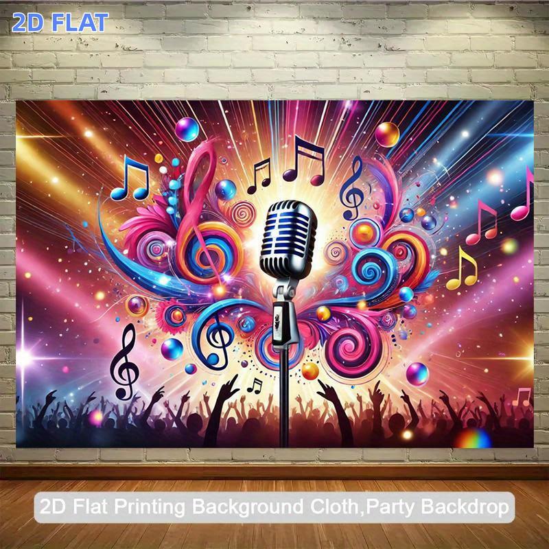 1pc 2D Flat Banner, Music-Themed Party Backdrop with Neon Glow Music Notes & Microphone DesignVibrant Polyester Fabric Banner for Indoor/Outdoor Birthday, Anniversary, Photo Studio DecorationsNo Electricity Needed, E