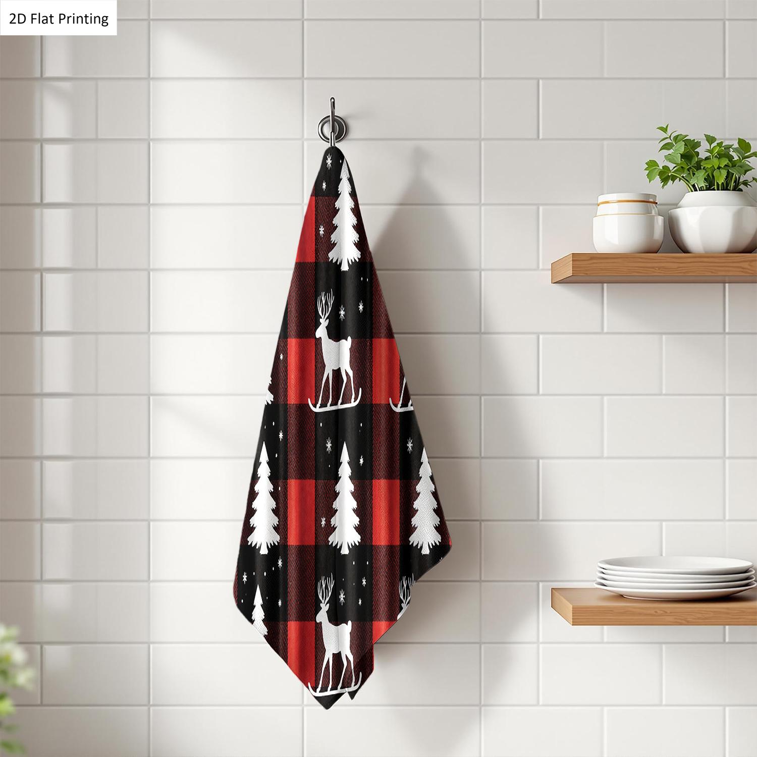 1Pc Christmas themed Buffalo check Fabric with Trees and Reindeer Bathroom Hand Towel Bath Towel, Multiple Size Microfiber Towel, Ultra-Soft Quick Dry and Absorbent Polyester Large Bath Towel, Kitchen Towels, Festiv