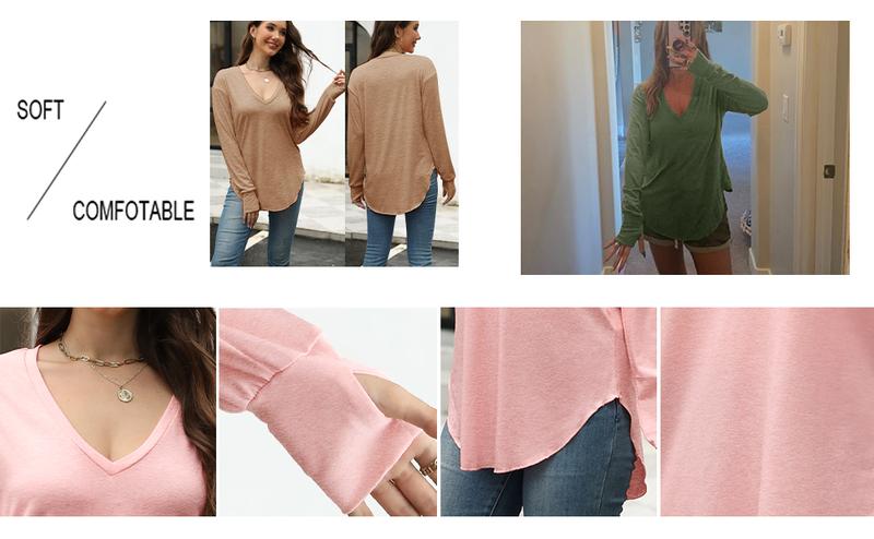 Aswulk Womens Deep V Neck Tunic Tops Long Sleeve Oversized Casual Loose Fit Curved Hem T Shirts