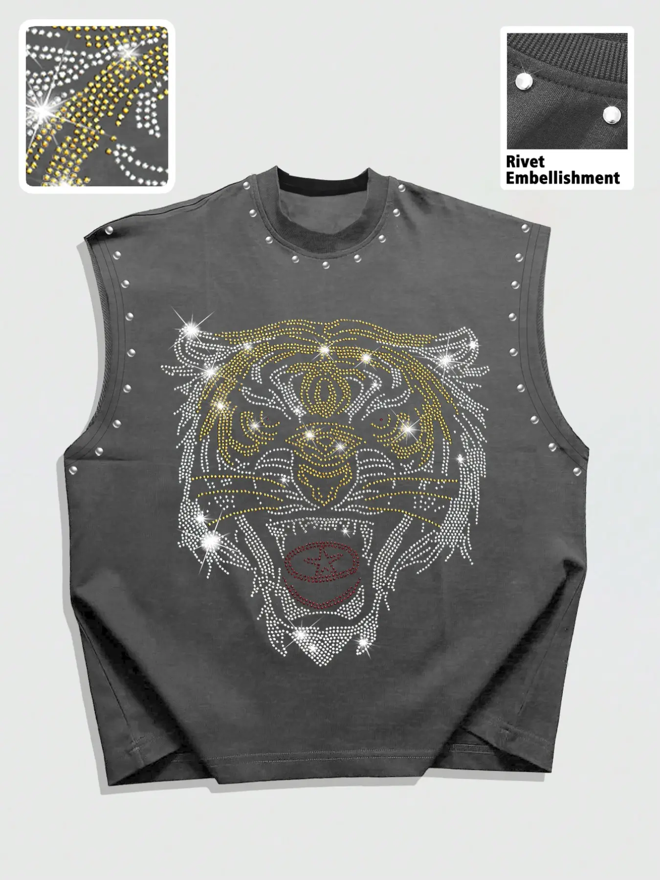 Summer Unisex Rivet Vest, Tiger Head Rhinestone Graphic Design, Loose Fit, Perfect for Streetwear, Music Festivals, Live House, Layering