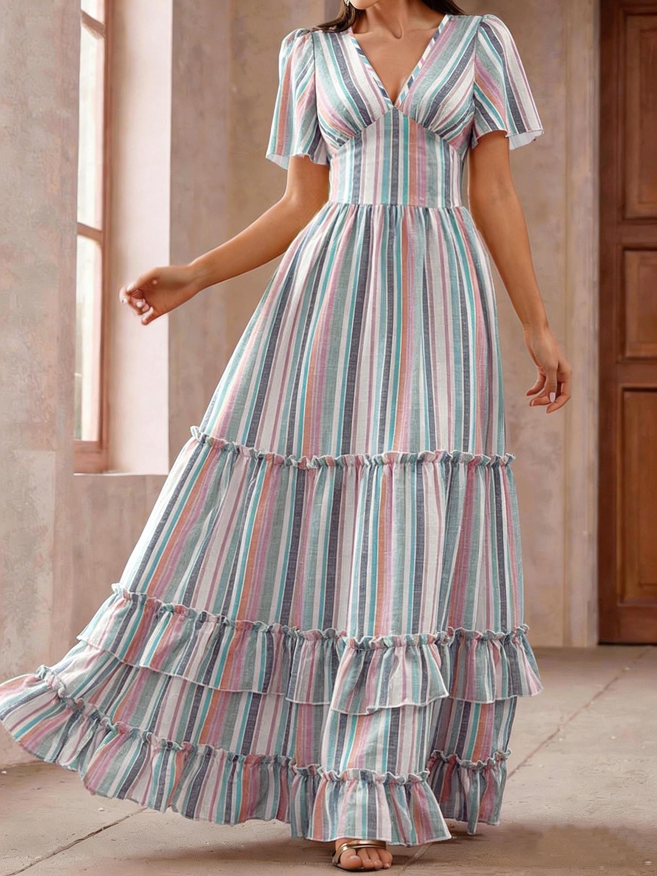 Summer Striped Dress, Layered Cake Dress, V Neck Long Dress, Bell Sleeve, a Line, Ruffle, Elegant, Casual, Retro, Vacation, Commute, Travel