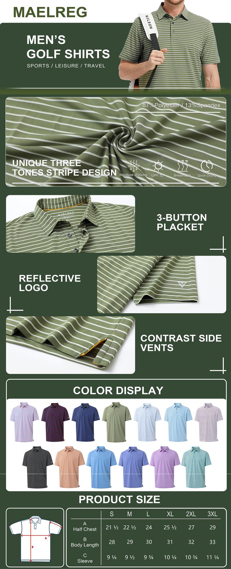 M MAELREG Men's Golf Striped Short Sleeve  Polo Shirts  Performance Comfortable Casual Outdoor Top Men's Clothing