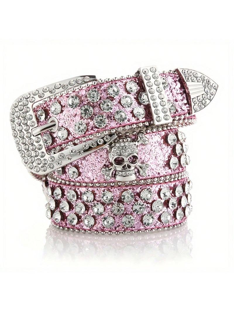 Sparkling Rhinestone Skull Belt, Hip Hop Punk Black Wide Belt, Unisex Rhinestone Rivet Belt, Punk Style Belt