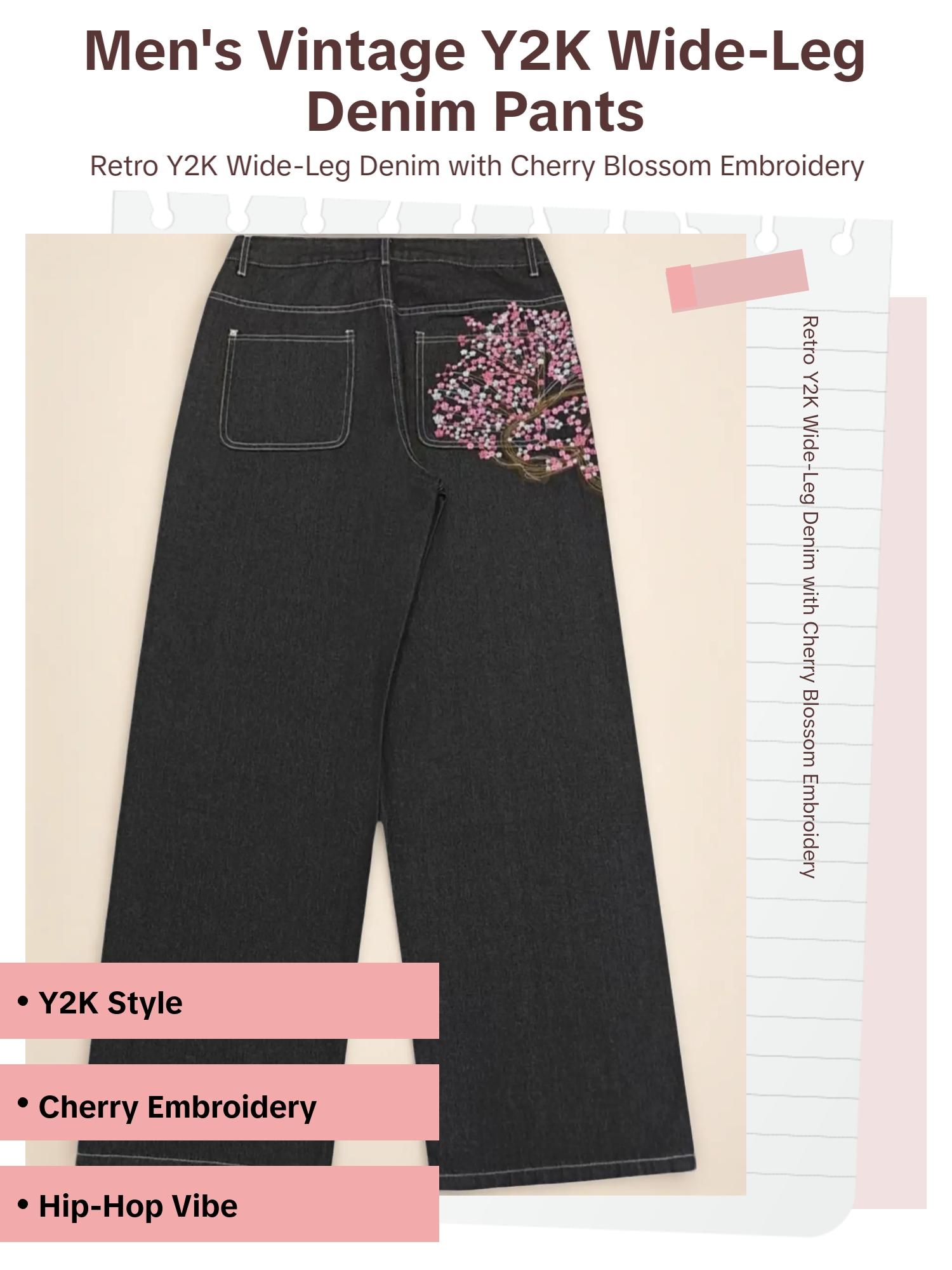 Men's Vintage Y2K Style Loose Wide Leg Denim Jeans, Floral Sakura