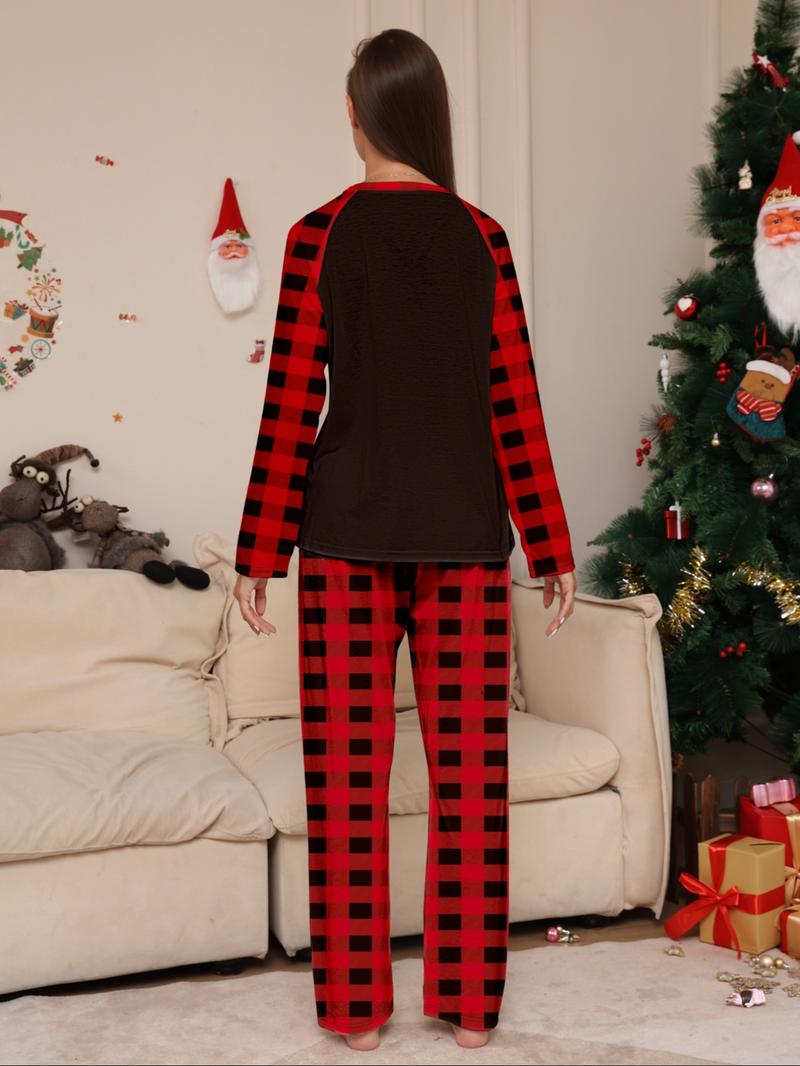 Plaid Shoulder Pad Sleeves 'cute Reindeer' Parent-Child Pajama Set, Family Matching Color Block Pattern, Festive Christmas Wear