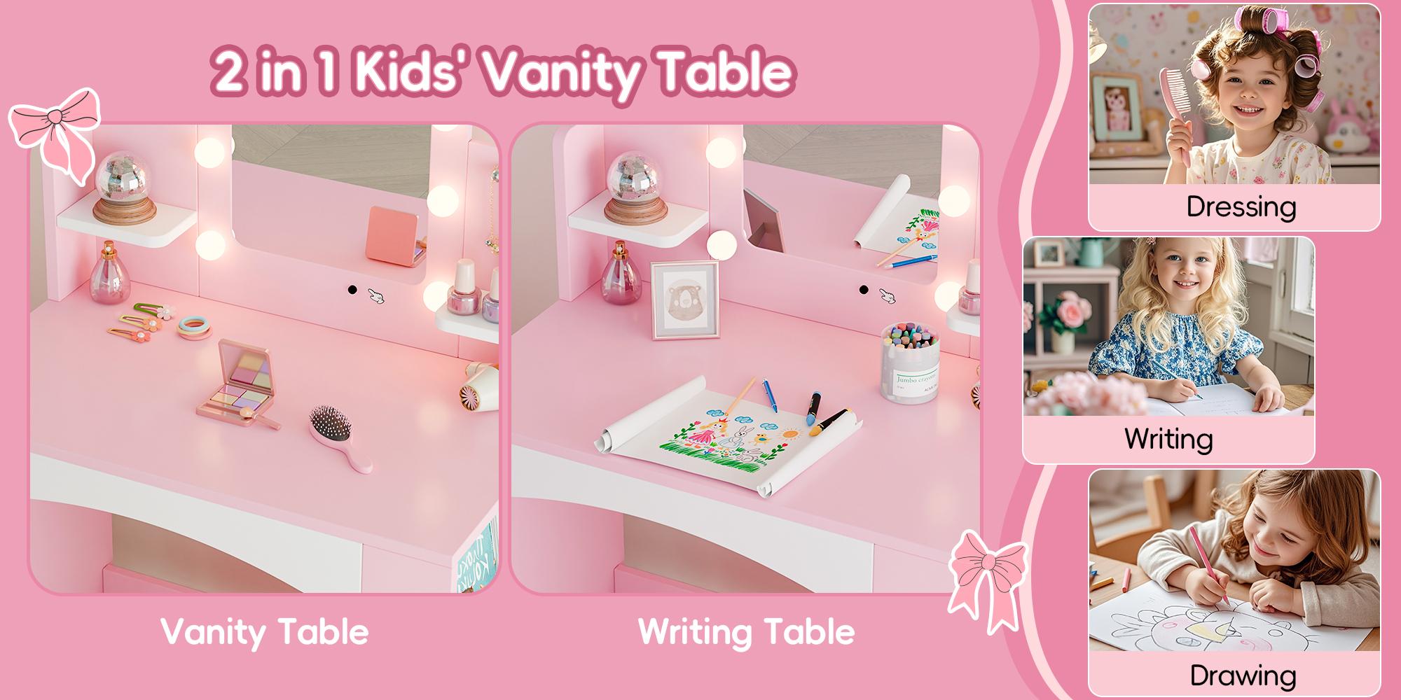 Kids Vanity with Lights, Princess Makeup Vanity Table and Chair Set for Girls, Toddler Vanity Desk with Open Bookshelf, Storage Cabinet & Shelves, Stools Mirror