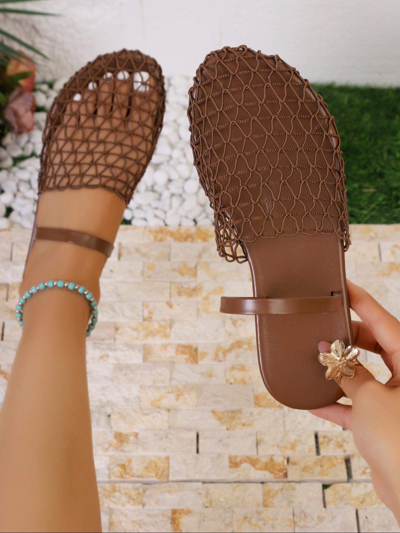 Women's YYW1 Fishnet Weave Hollow-Out Round Toe Flat Slip-On Casual Shoes, Large Sizes, Comfortable Walks for Daily Wear