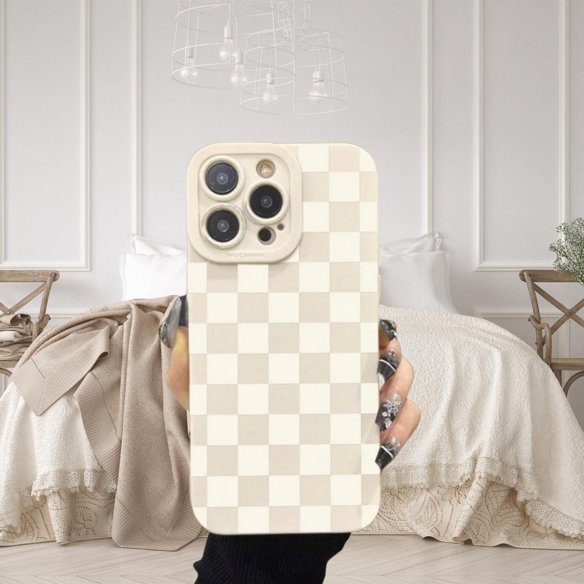 Checkerboard Pattern Phone Case, Anti-drop Cellphone Protective Case, Total Protective Shockproof Mobile Phone Cover for iPhone 11 12 13 14 15 16 17 Pro Max, Casing, Protector, Smartphone, Cream