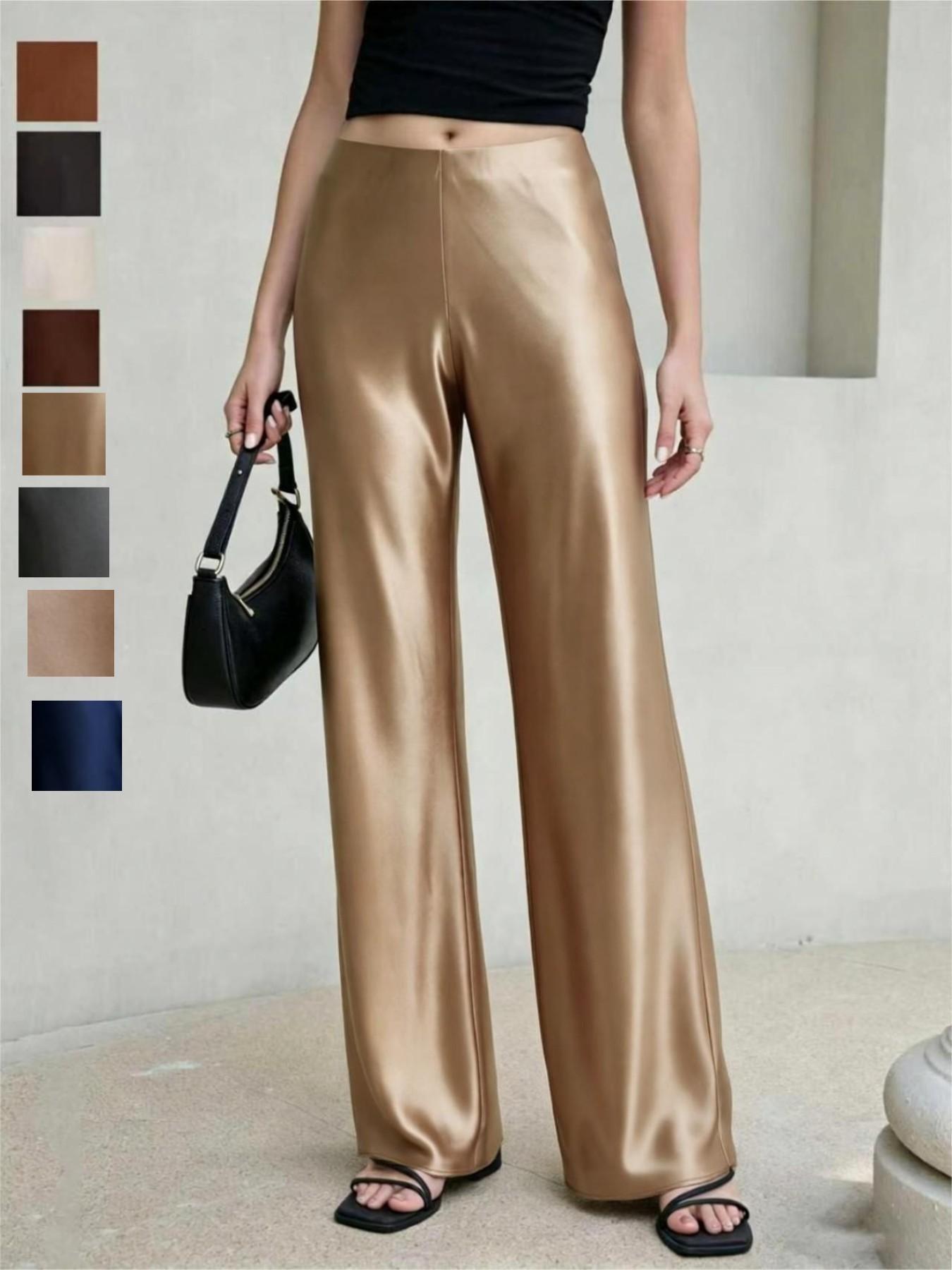 Elegant Acetate Satin Long Pants for Women, High-Waisted Straight Leg Wide Leg Trousers, Office Wear Outerwear, Premium Quality, Bottoms