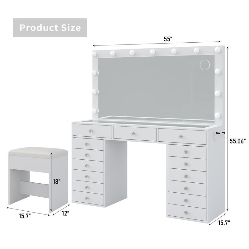 FUSOU [ Valentine's Day ] 55" W Vanity Desk, Makeup Vanity with Charging Station, 15 Drawers Vanity with Lighted Mirror, 3 Lighting Modes, Brightness Adjustable, Glass Top, Vanity Table with Chair for Bedroom