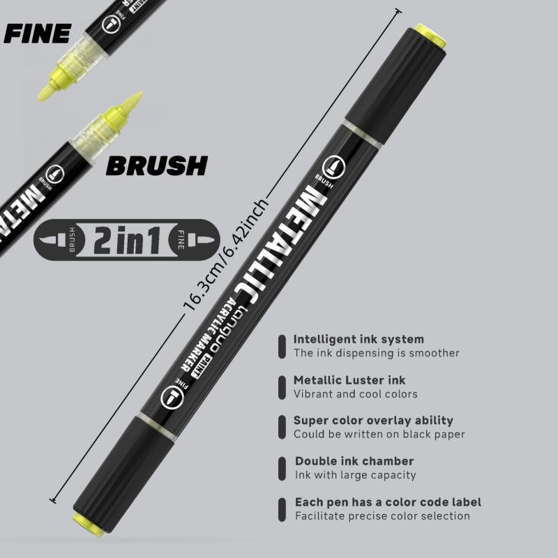 Acrylic Paint Metallic Markers, Automatic ink control Dual Tip (Brush & Fine)for Black Paper & Rock Painting Metallic Acrylic Paint Markers for DIY Crafts, Scrapbooking, Glass, Wood, Drawing Markers