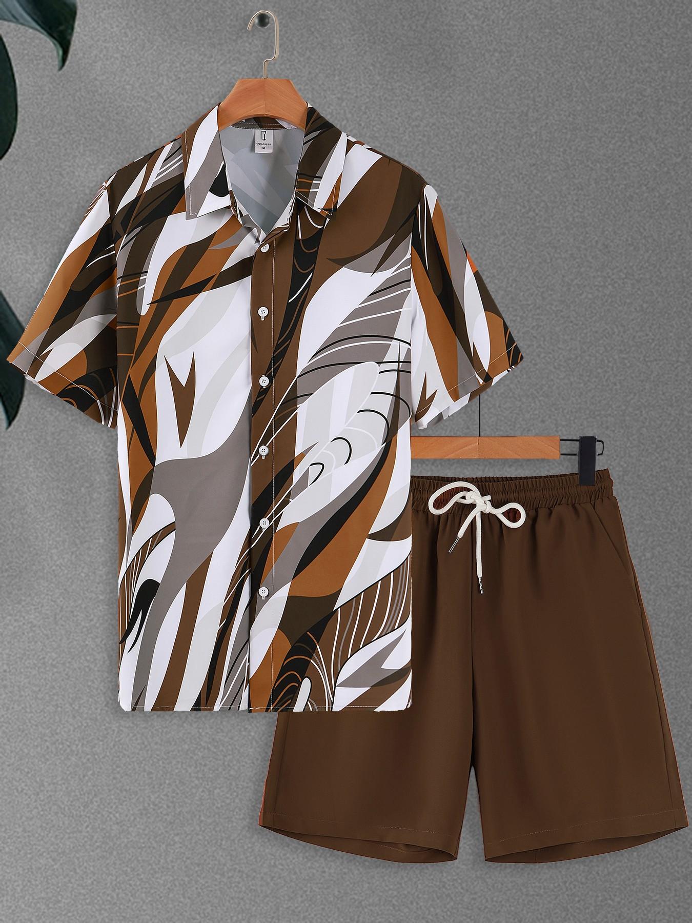 Men's Brown & White Abstract Art Print Home Loungewear 2-Piece Set - Short-Sleeve Lapel Shirt (Dynamic Brushstroke Pattern) + Drawstring Waist Solid Brown Shorts, Lightweight Breathable Fabric, Relaxed Slouchy Fit, Ideal for Lazy Weekend Lounging, At-Home