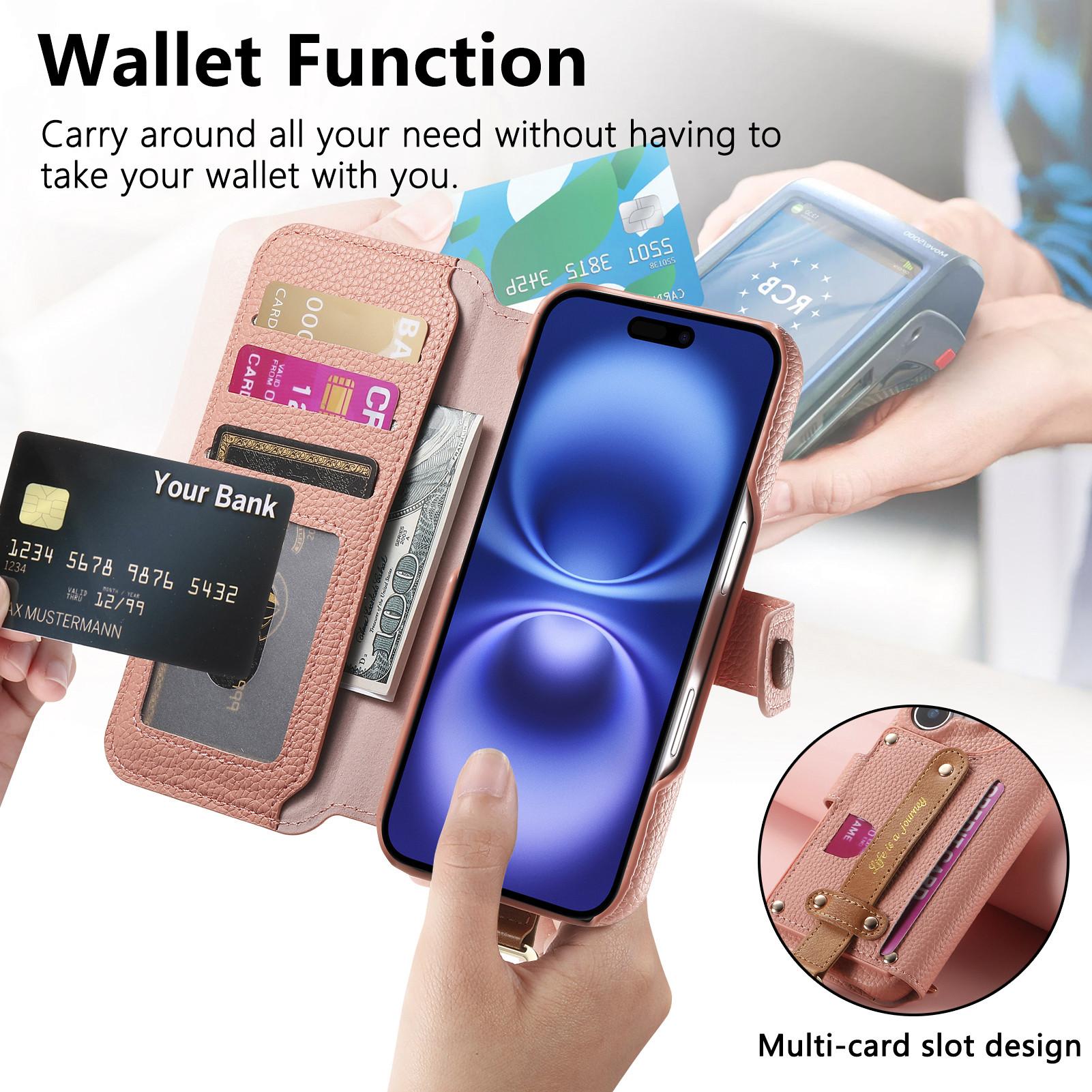 Leather Wallet Phone Case with Ring Strap Holder Stand, Multi Card Slots, Zipper Phone Pouch and Magnetic Closure, Fits iPhone 17/16/15 Series