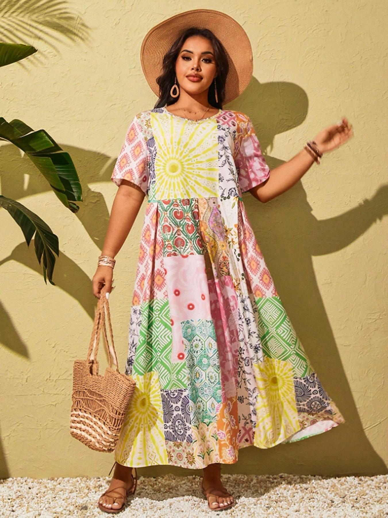 Women's Plus Size New Boho Patchwork Dress, Stylish Casual Wear, Comfortable Fit, Perfect for Daily, Spring Trendy Fashion Clothing