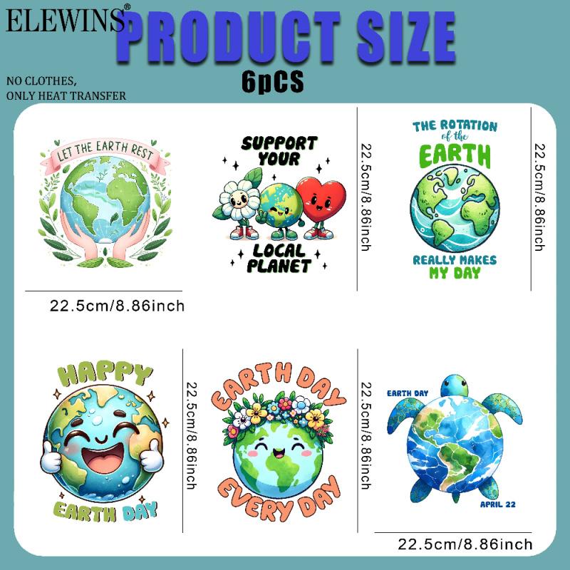 6 Pcs Earth Day Heat Transfer Vinyl Patches for DIY T Shirt Jeans Backpack Family Clothing Hats Crafts Decoration Iron on Stickers