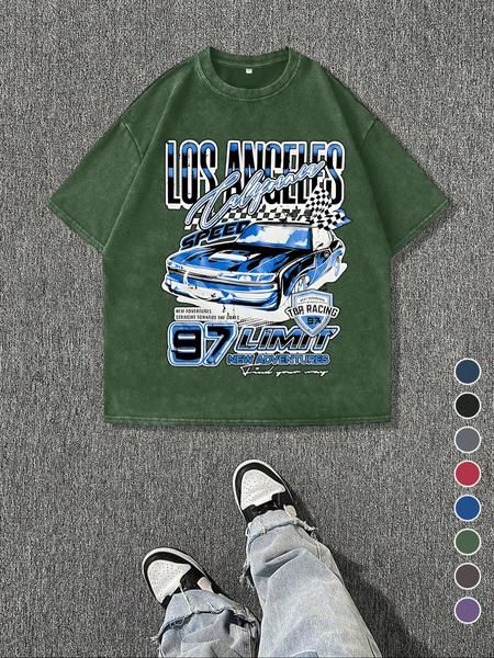 Men's Regular Fit Car Graphic Print Round Neck Tee, Vintage Trendy Casual Short Sleeve T-shirt for Daily Wear, Ladies Summer Outfit, Top